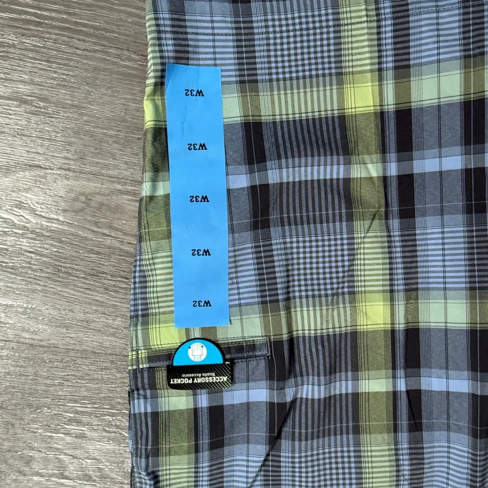 PGA Tour Mens Golf Shorts 32‎ Blue Lime Green Plaid Accessory Pocket Stretch